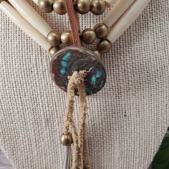 Vintage 1960's Bone, Brass, Leather Choker - Picture 3 of 4